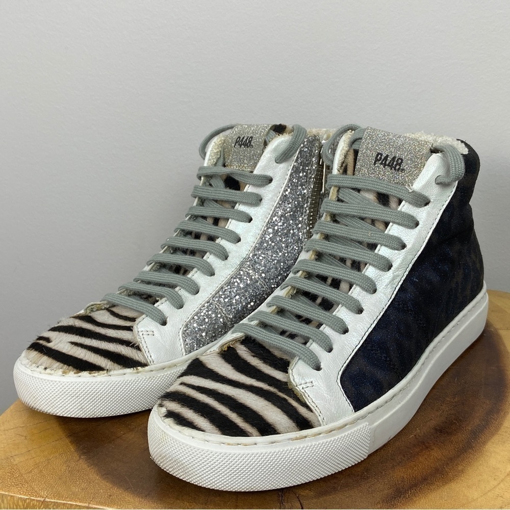P448 Womens High Top Sneaker Leopard Print pony hair Glitter Detail